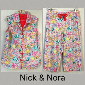 Nick & Nora Pink Seashell Coral 100% cotton  Sleeveless Capri Pant Pajama Set L
